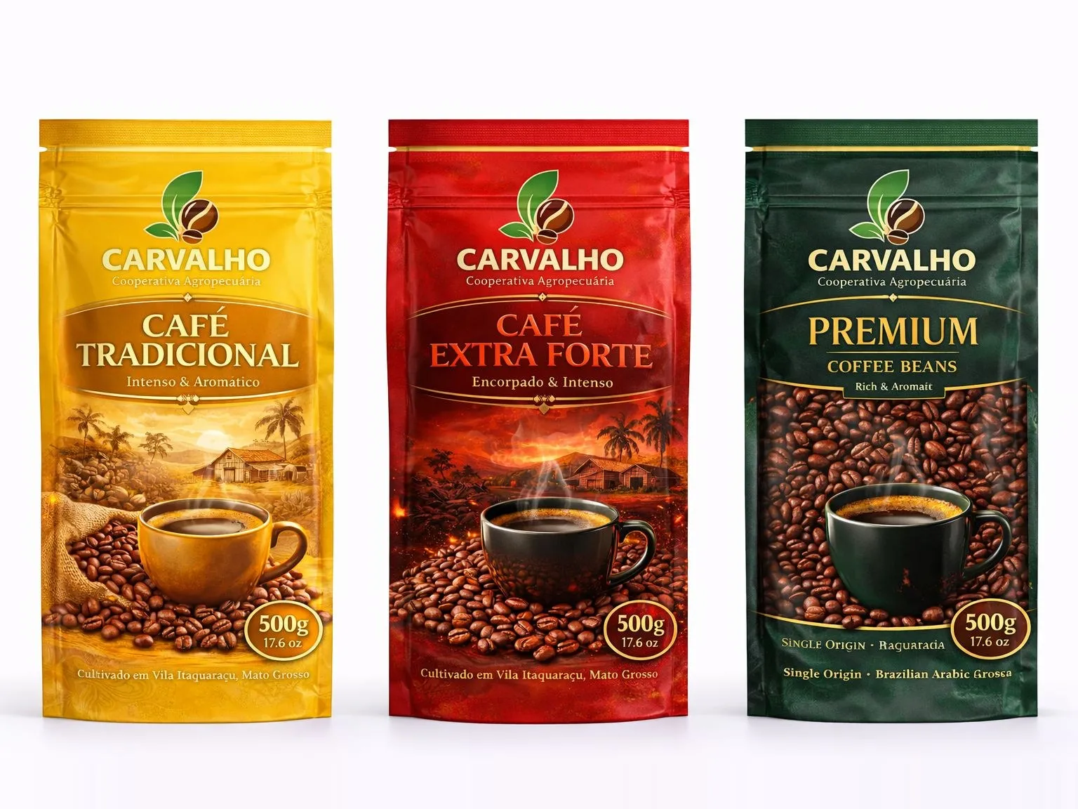 Three Carvalho coffee packs side by side on a white background: Café Tradicional, Café Extra Forte and Premium.