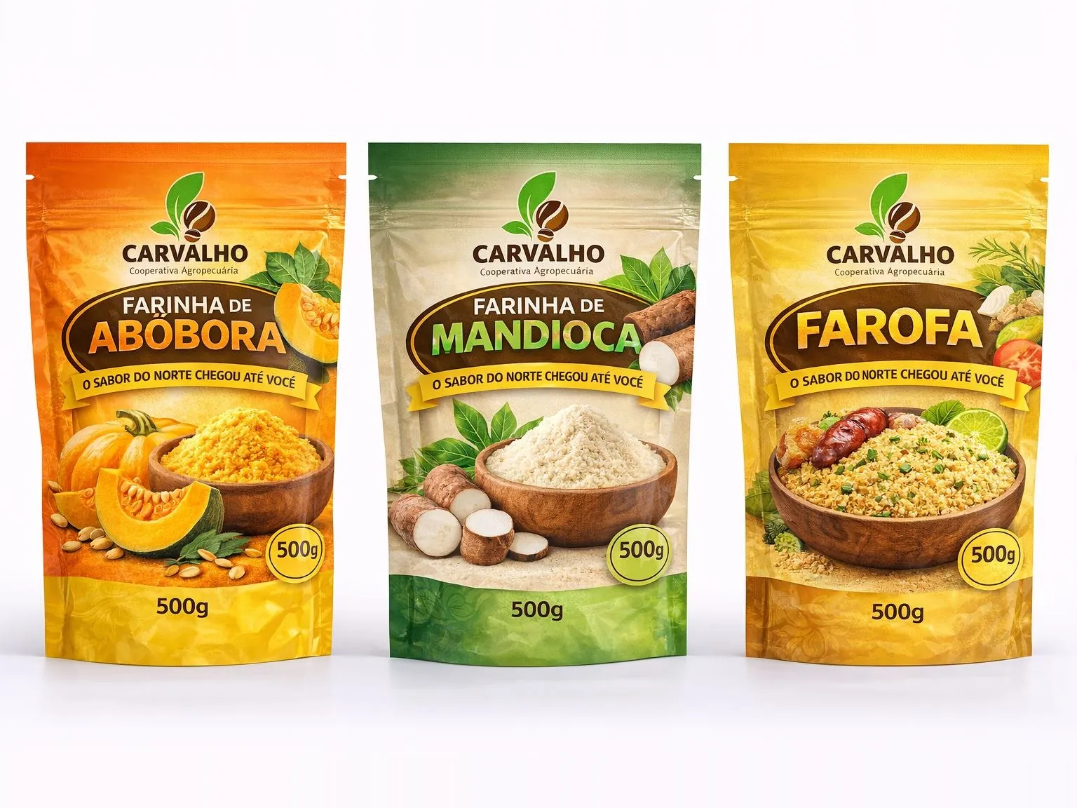 Three Carvalho packs side by side on a white background: Farinha de Abóbora, Farinha de Mandioca and Farofa.