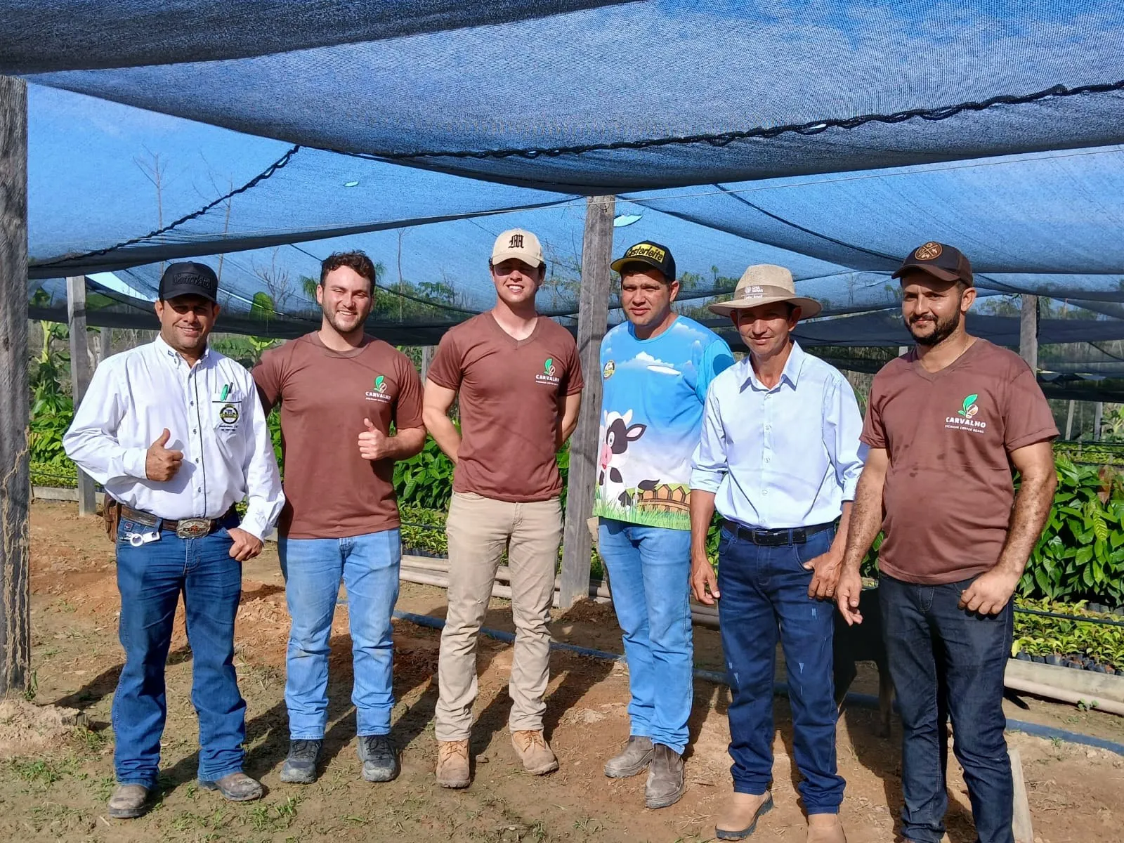 Six men standing side by side under the nursery shade cloth, with the seedling beds behind them.